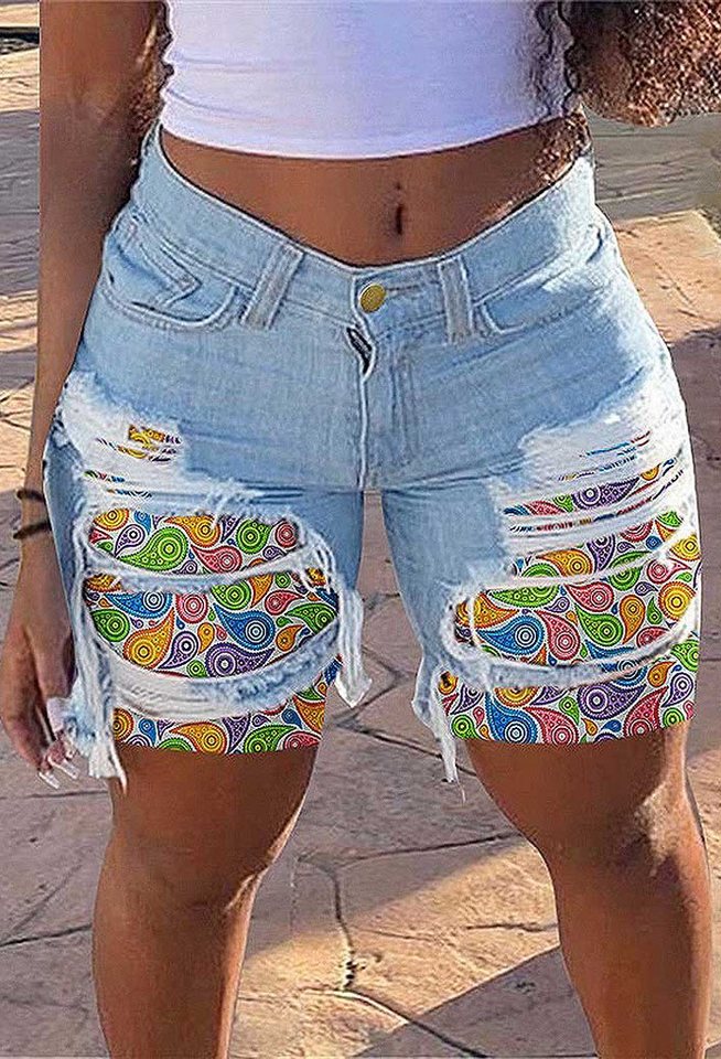 SEGUEN Jeansshorts Zerrissene Jeans-Shorts mit Aufnäher (Gewaschene Damen R günstig online kaufen