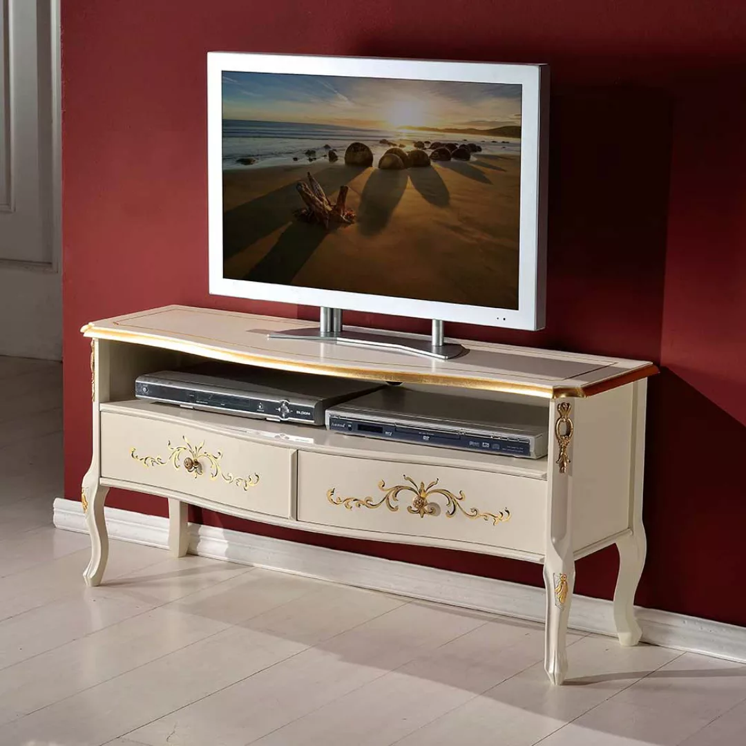 TV Board in Weiß und Goldfarben Barockstil günstig online kaufen