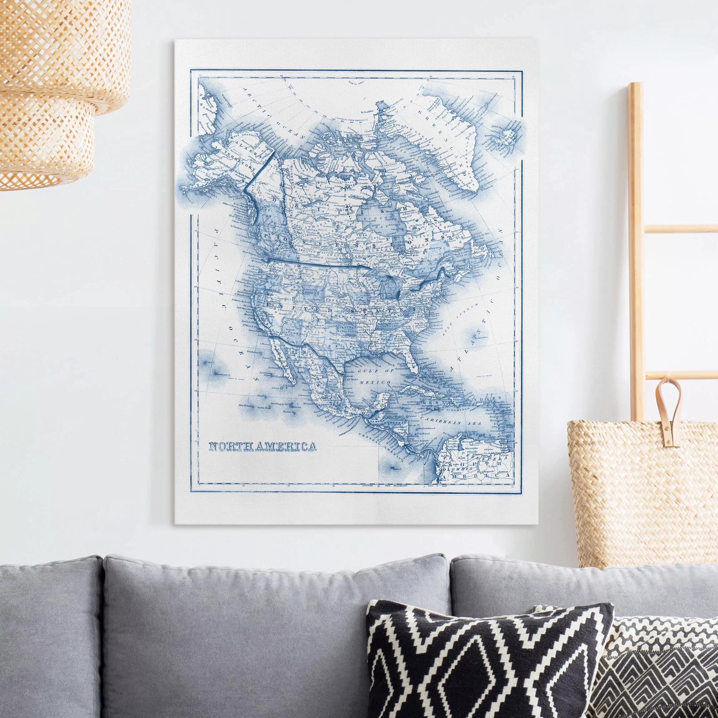 Leinwandbild Landkarte - Hochformat Karte in Blautönen - Nordamerika günstig online kaufen