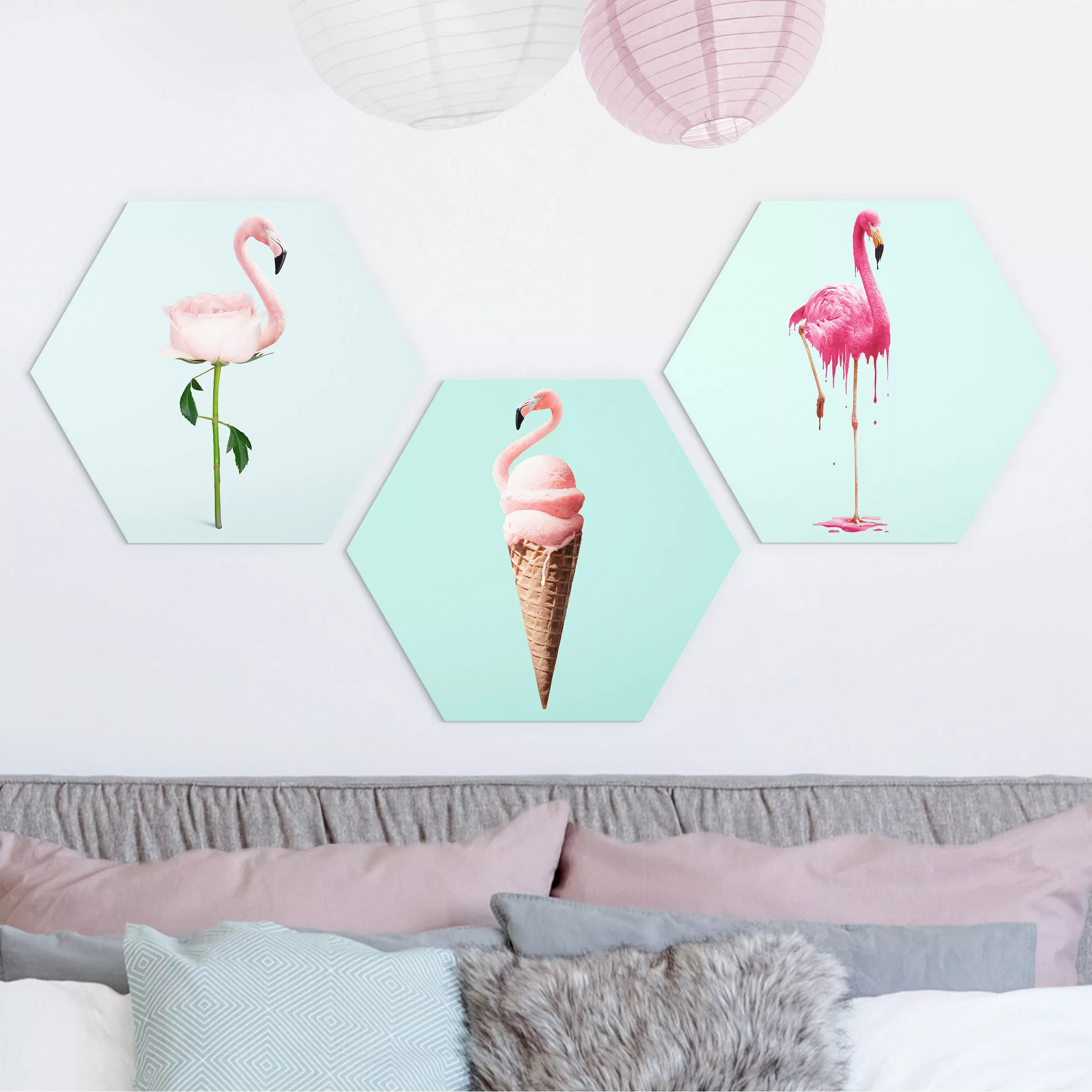 3-teiliges Hexagon-Alu-Dibond Bild Flamingo Set günstig online kaufen
