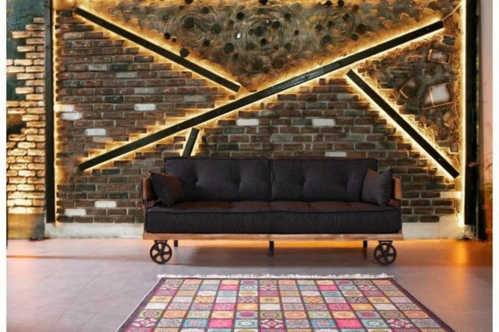 JVmoebel Sofa Schwarze Stoff Couch auf Rädern Loft Design mit Holz Korpus S günstig online kaufen