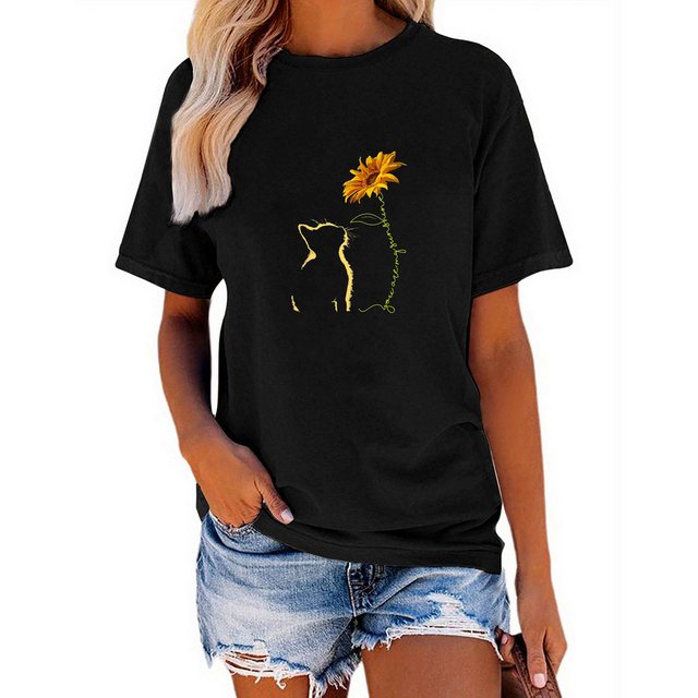 PYL T-Shirt Damen Sommer Kurzarmbluse Sonnenblume Print-Shirt Casual T-Shir günstig online kaufen