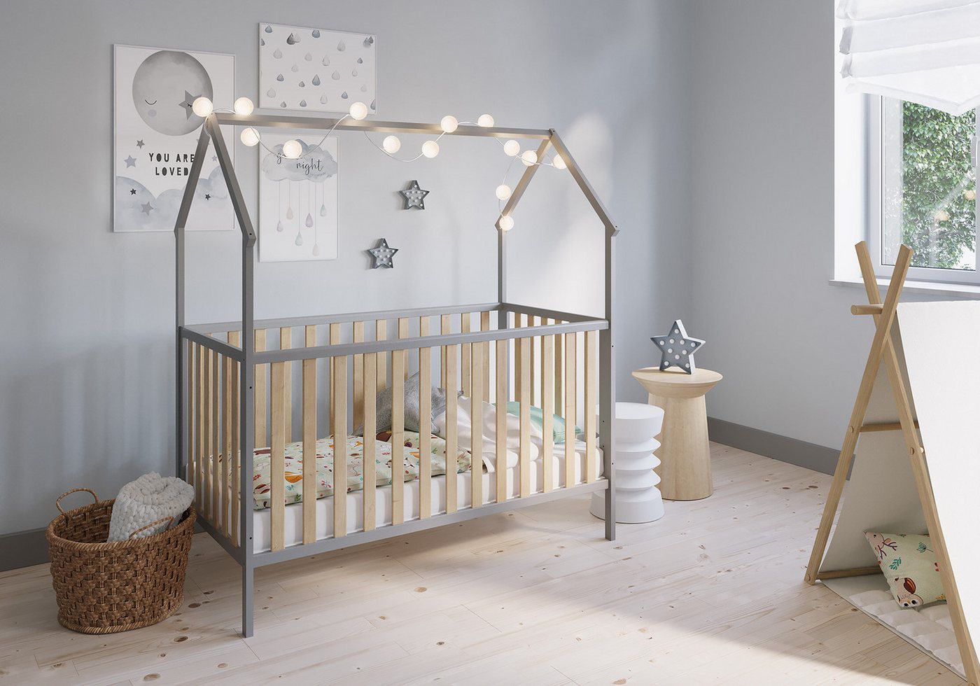 FabiMax Kinderbett Hausbett Schlafmütze Grau / Natur, Kiefer massiv, Gitter günstig online kaufen