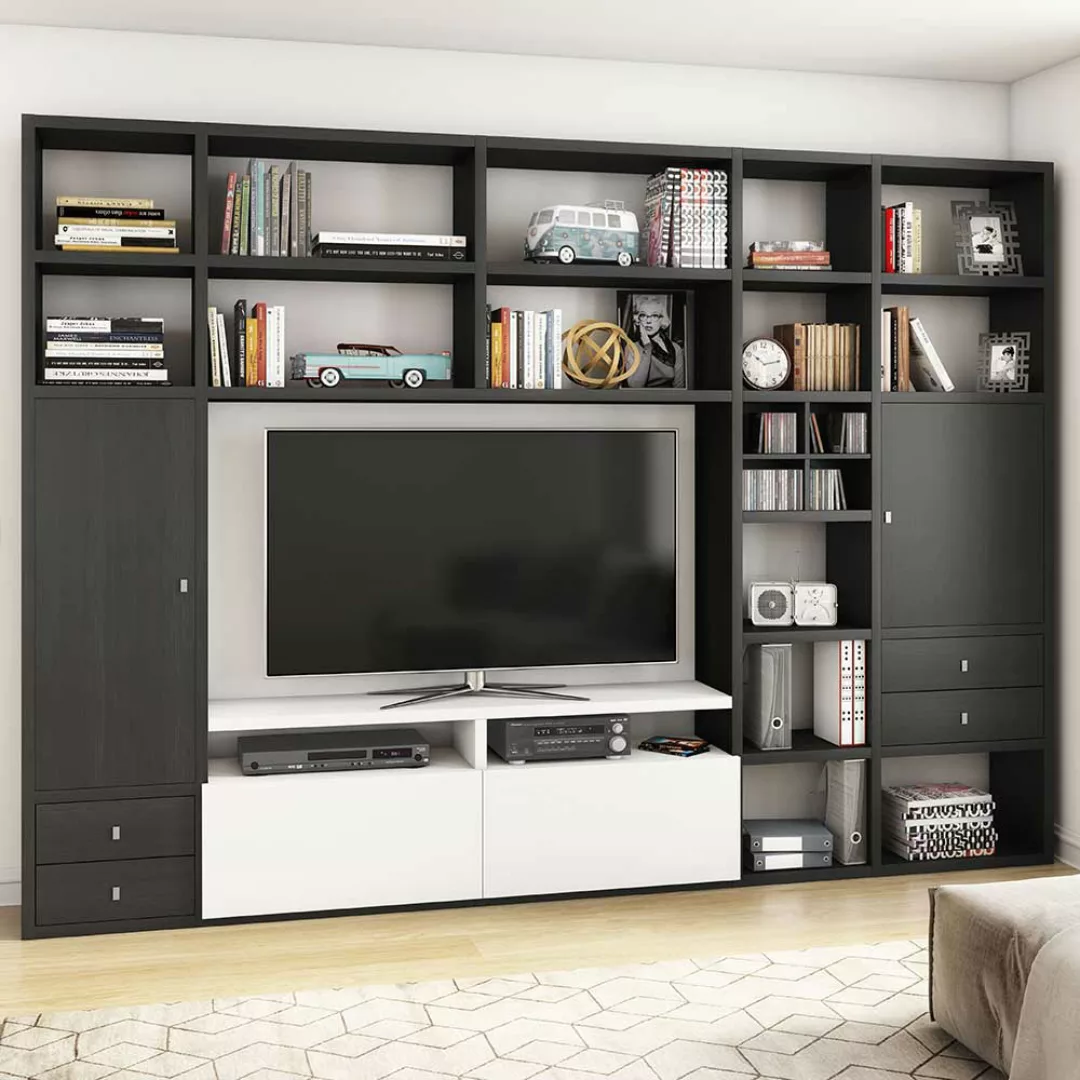 Design Wohnwand für Fernseher Eiche Schwarz Braun und Weiß Hochglanz günstig online kaufen