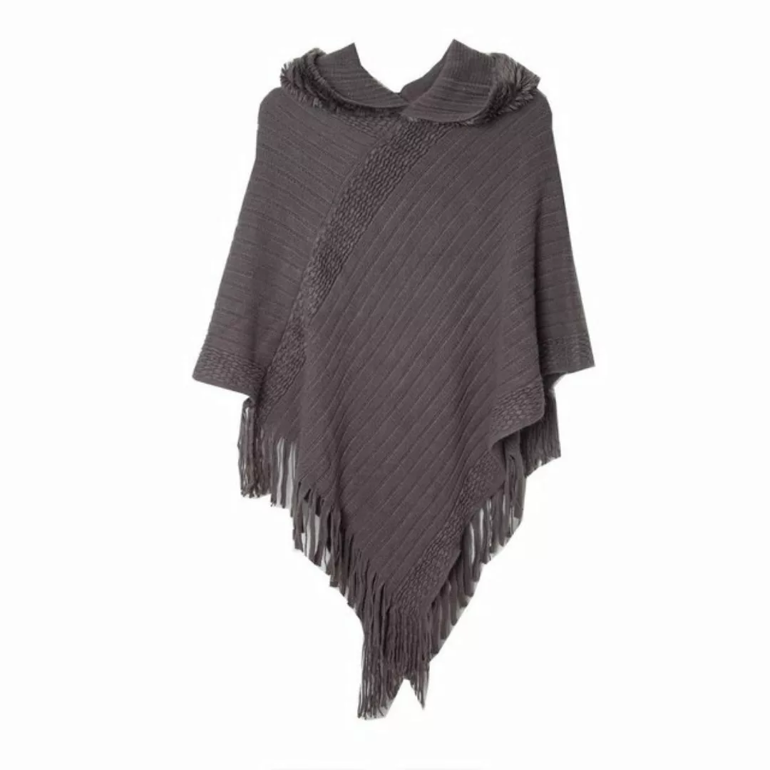 Zoclack Strickponcho Poncho Damen mit Kapuze, Warmer Winterponcho mit Frans günstig online kaufen