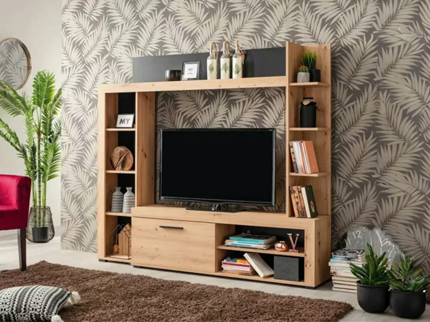 TV-Wand mit Stauraum - Eichefarben & Anthrazit - BALTIMORE günstig online kaufen