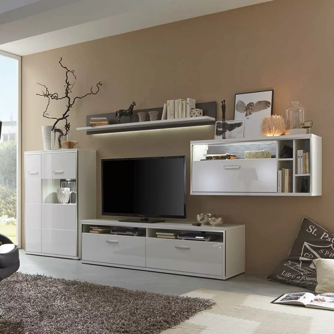 Hochglanz Wohnwand mit LED Beleuchtung 380 cm breit (vierteilig) günstig online kaufen