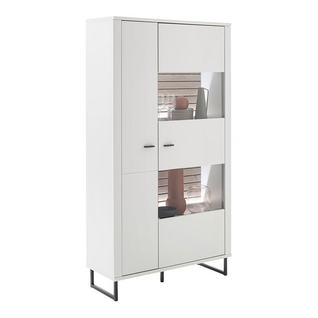 Lomadox Vitrine LAUREANA-05 Vitrinenschrank, weiß mit Eiche, inkl. LED-Bele günstig online kaufen