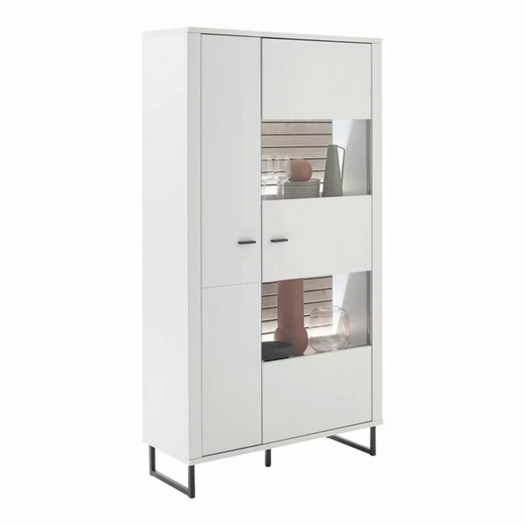 Lomadox Vitrine LAUREANA-05 Vitrinenschrank, weiß mit Eiche, inkl. LED-Bele günstig online kaufen