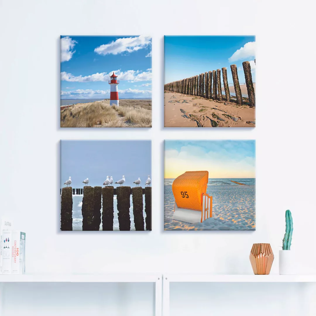 Artland Leinwandbild "Leuchtturm Sylt Strand Möven Strandkorb", Strand, (4 günstig online kaufen