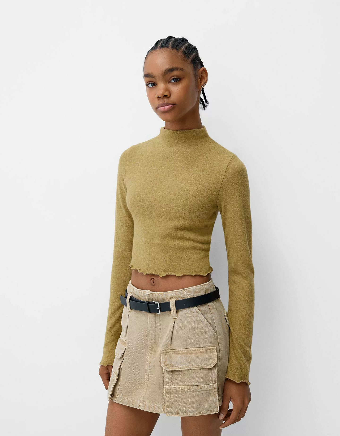 Bershka Soft-Touch-Cropped-Pullover Mit Rollkragen Damen M Grün günstig online kaufen