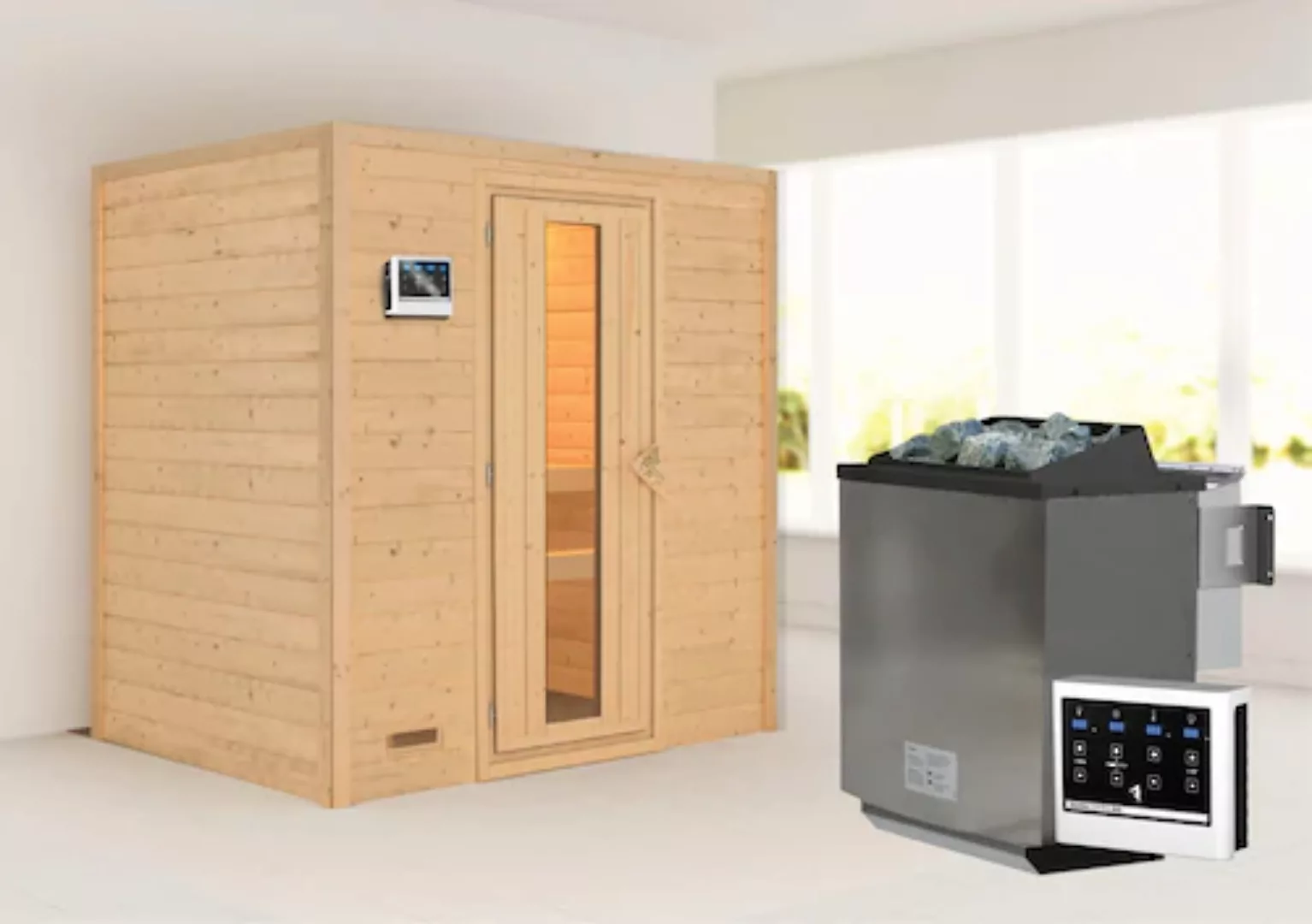 Karibu Sauna »"Sonja" mit Energiespartür 2 Ofen 9 kW Bio externe Strg moder günstig online kaufen