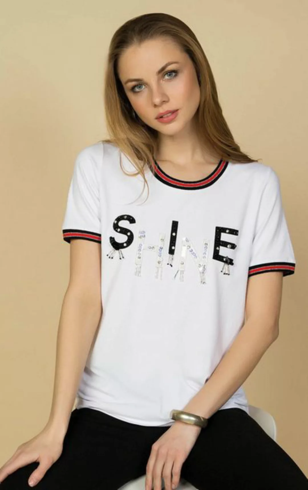 Passioni T-Shirt Print Shirt in Weiß, mit SHINE Schriftzug und Paillettenve günstig online kaufen
