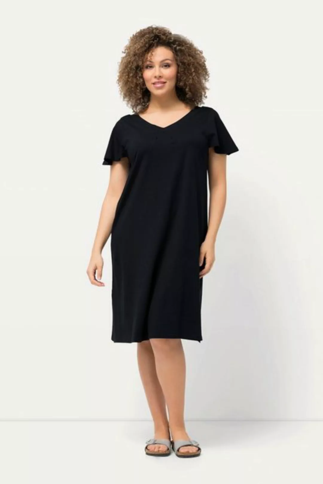 Ulla Popken Sommerkleid Jersey-Midikleid A-Linie V-Ausschnitt Cup-Ärmel günstig online kaufen