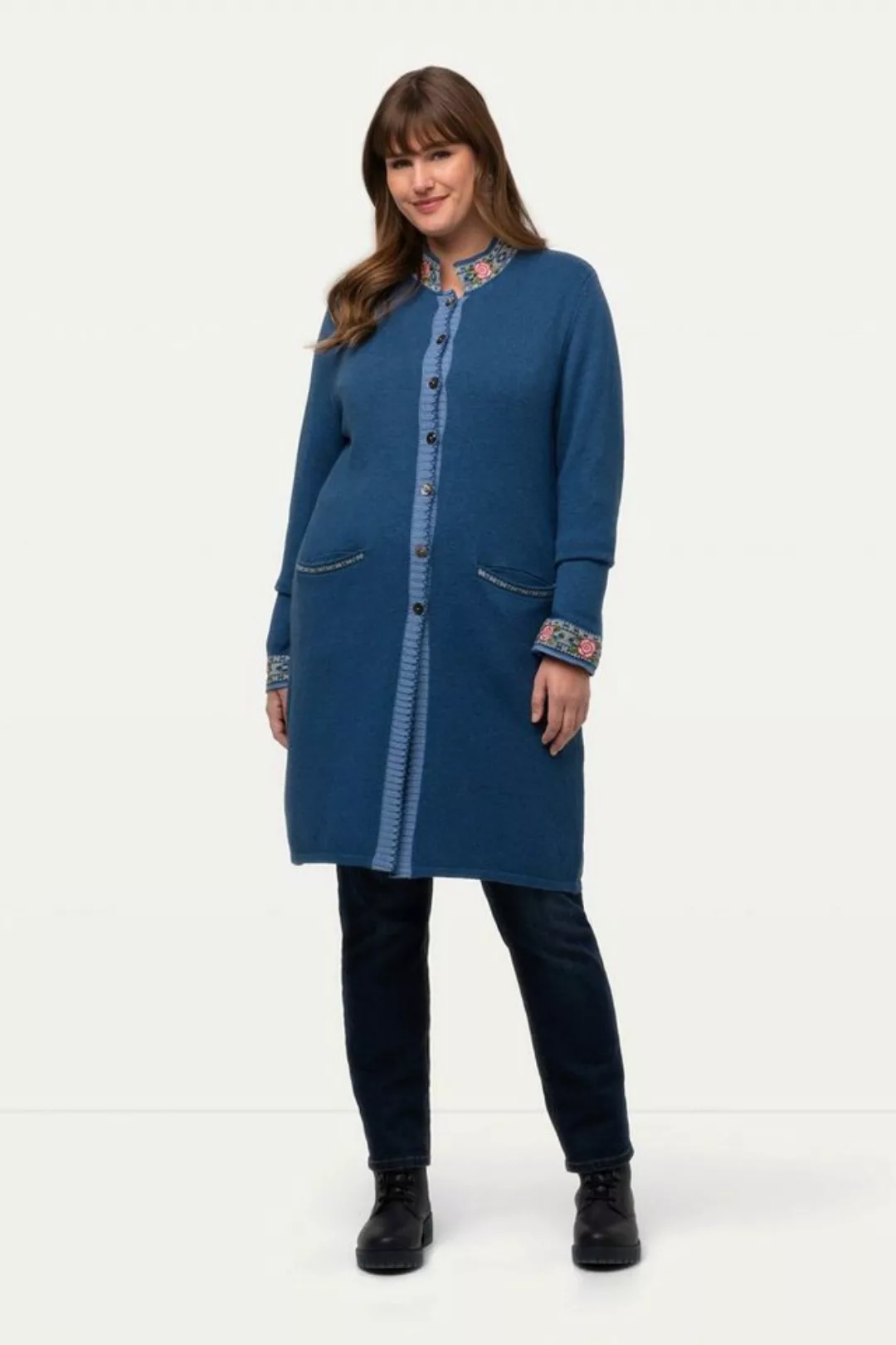 Ulla Popken Strickjacke Long-Strickjacke Stickerei Stehkragen günstig online kaufen