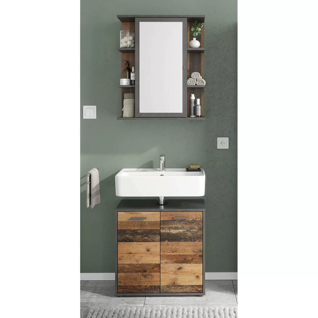 Badezimmer Waschplatz Set inkl. Spiegelschrank in grau mit Betonoptik und A günstig online kaufen