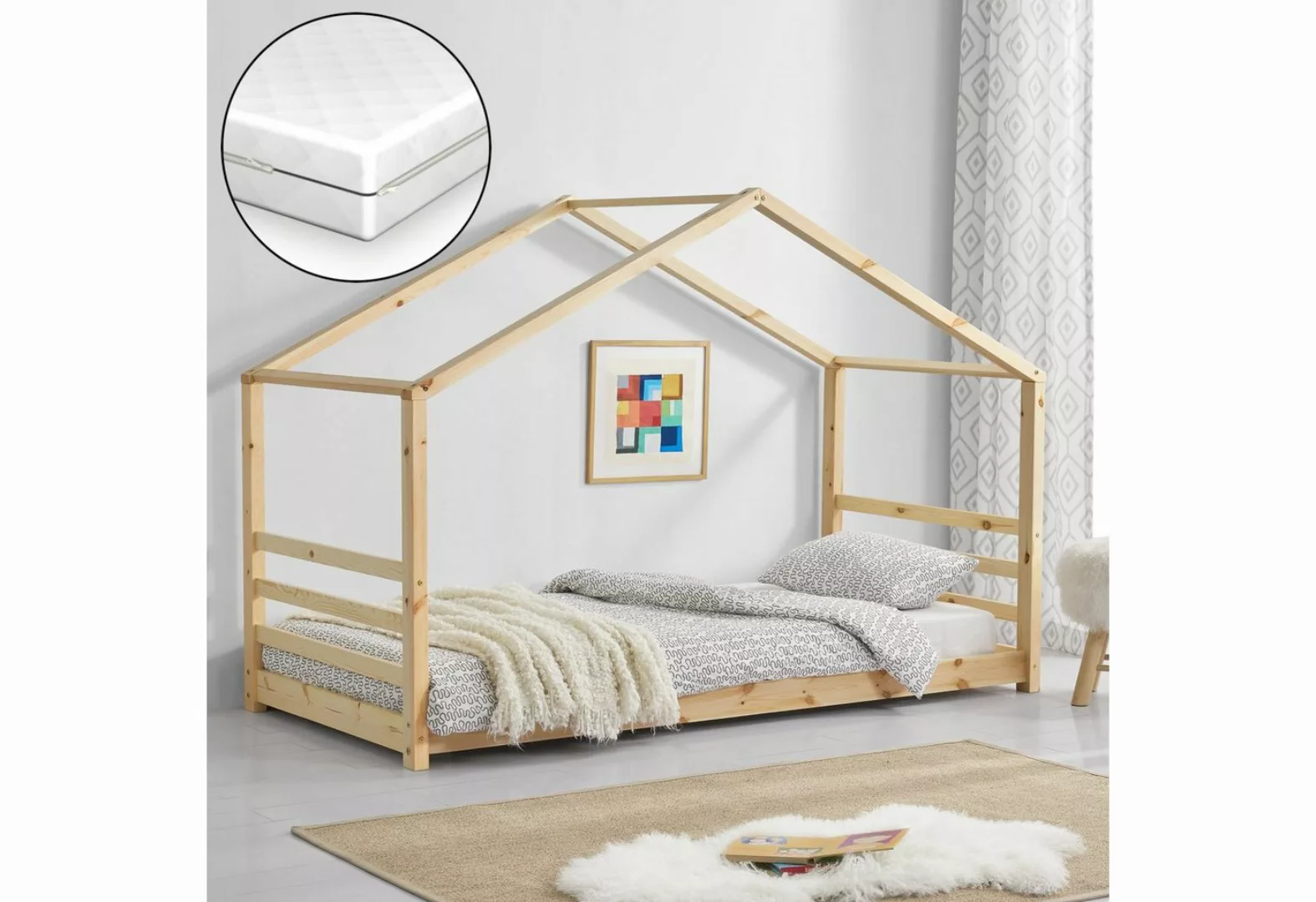 en.casa Kinderbett, Vardø Hausbett mit Matratze 90x200cm Holz günstig online kaufen