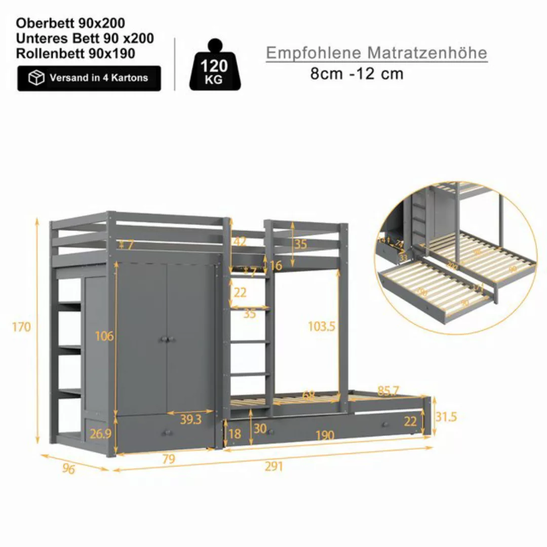 Odikalo Etagenbett Kinderbett 90*200 mit Ausziehbett, Kleiderschrank, und A günstig online kaufen