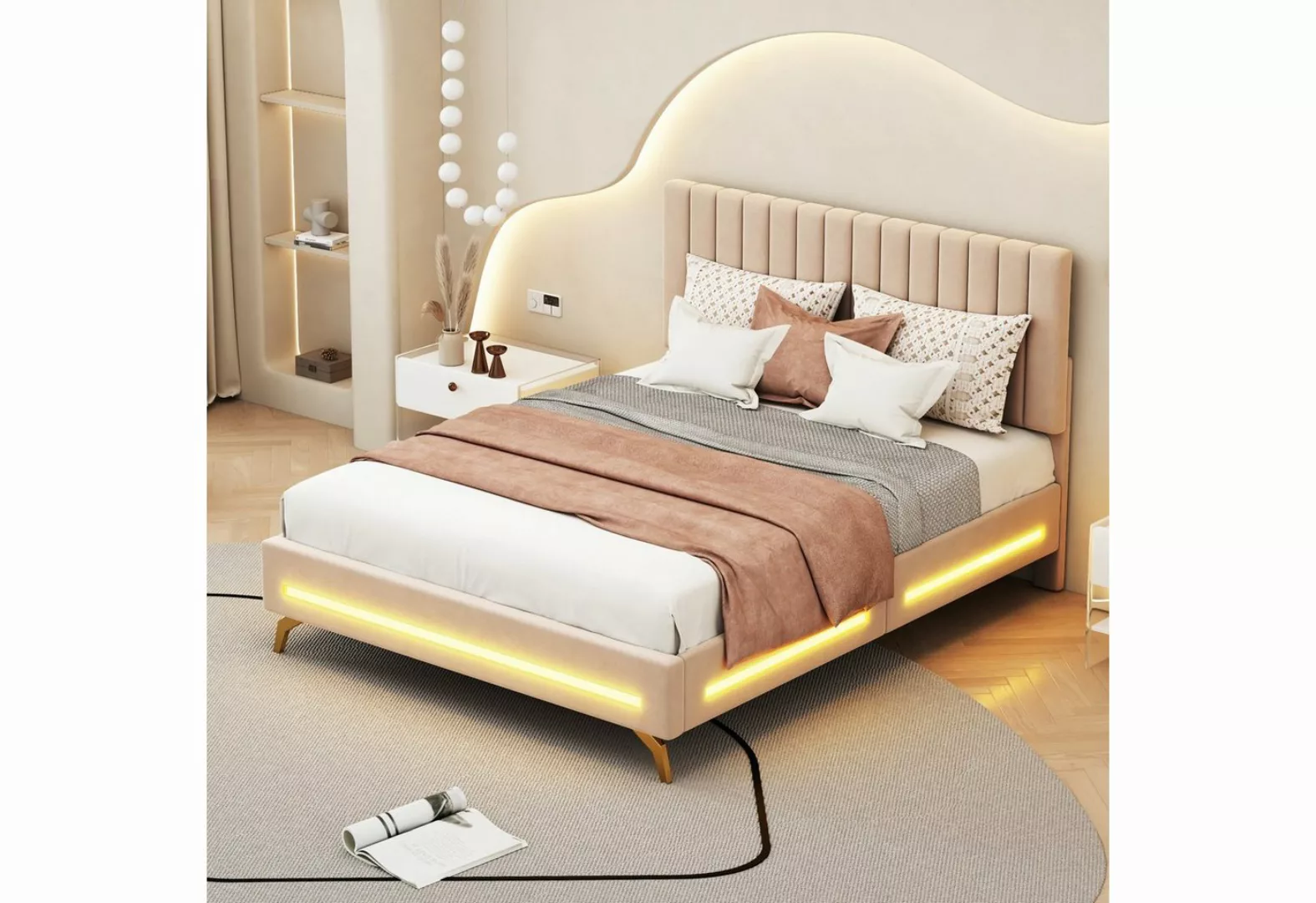 Flieks Polsterbett, LED Beleuchtung Doppelbett mit verstellbarem Kopfteil 1 günstig online kaufen