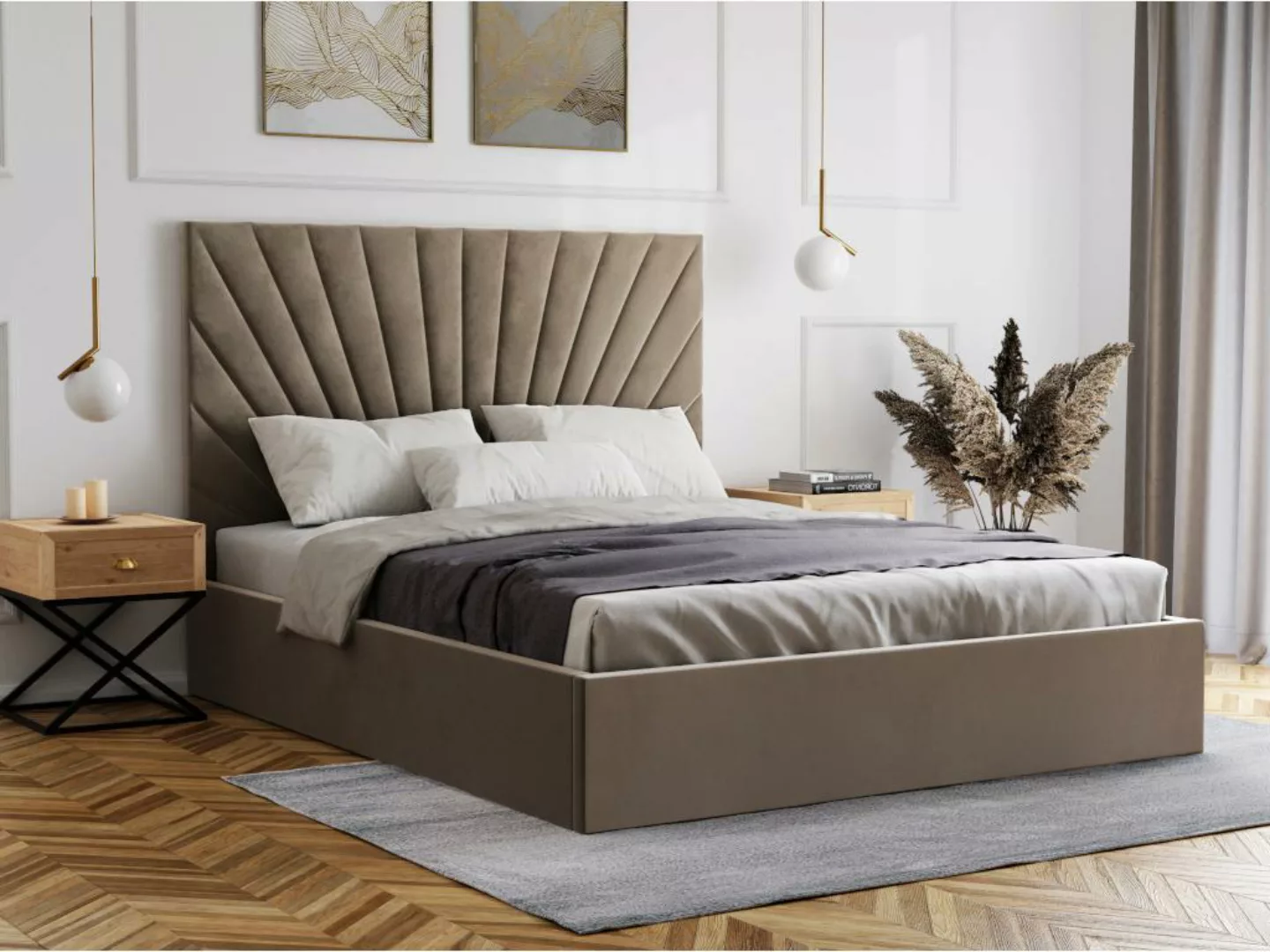 Polsterbett mit Bettkasten 140 x 190 cm - Samt - Graubraun + Matratze - RIL günstig online kaufen