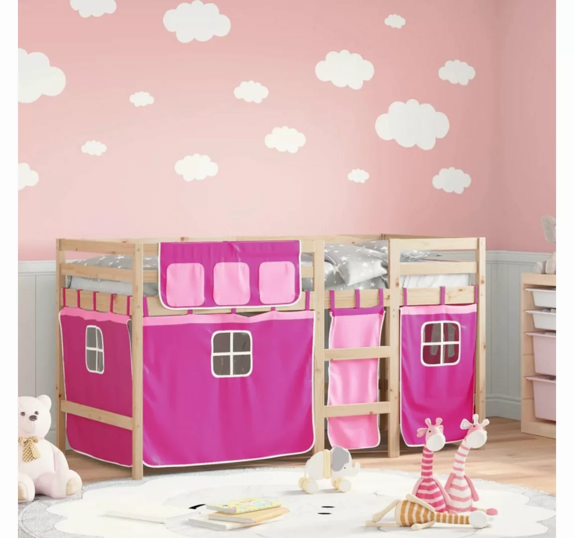 vidaXL Bett Kinderhochbett mit Vorhängen Rosa 90x190 cm Massivholz Kiefer günstig online kaufen