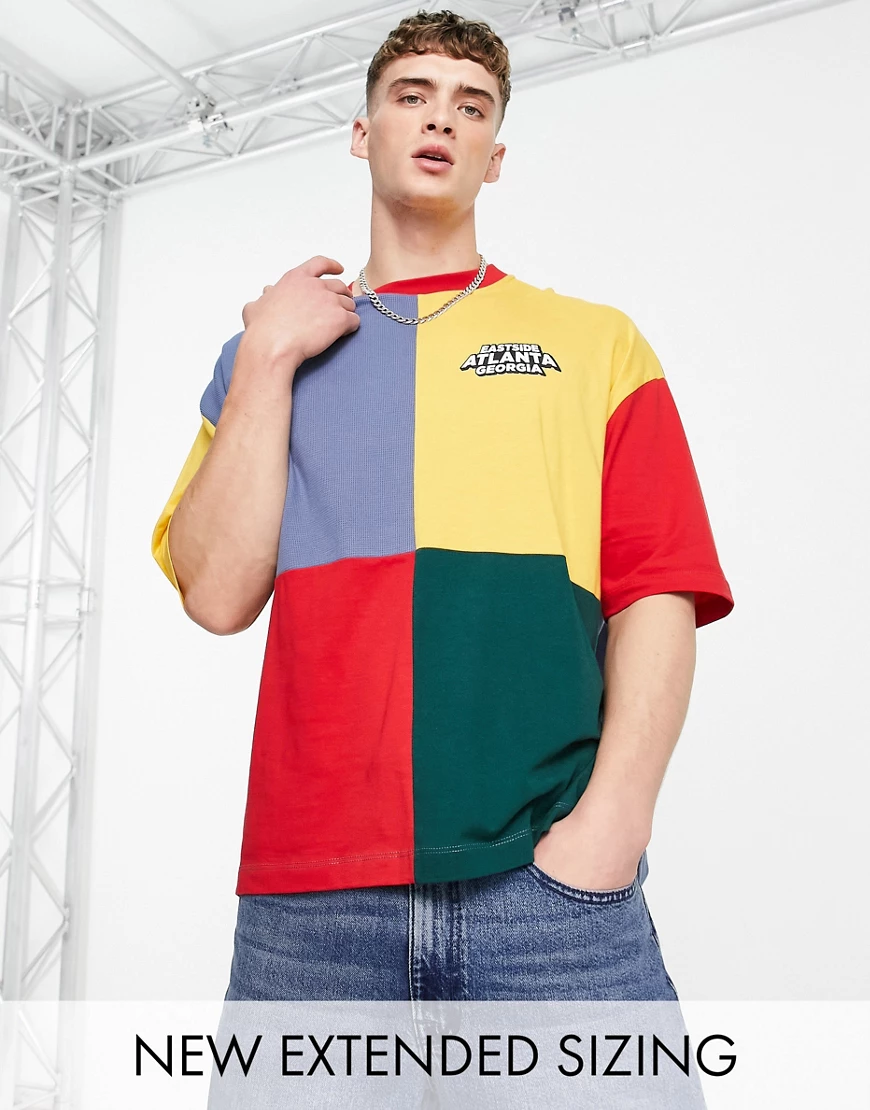 ASOS DESIGN – Oversize-T-Shirt mit buntem Farbblockdesign und Stickerei auf günstig online kaufen