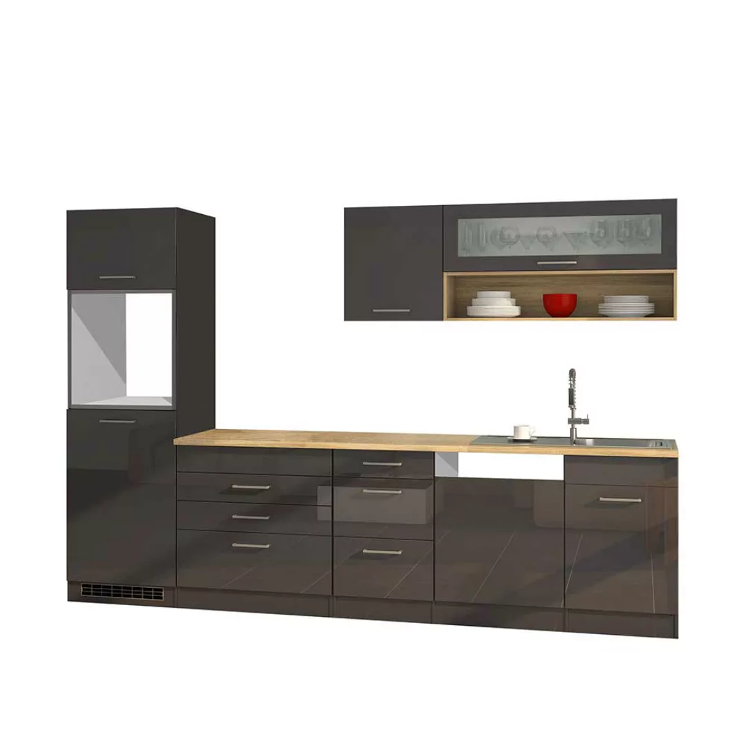 Hochglanz Küchenzeile in Grau 300 cm breit (achtteilig) günstig online kaufen