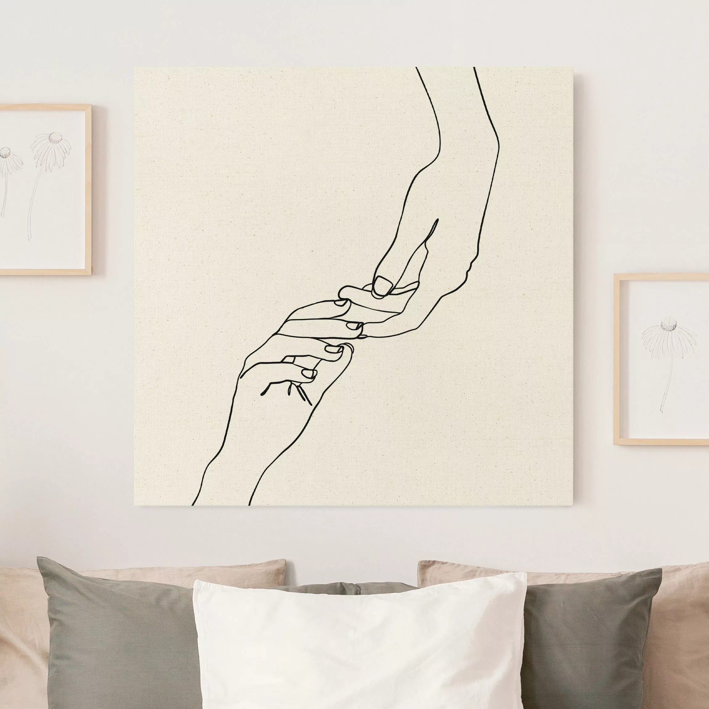 Leinwandbild auf Naturcanvas Line Art Hände Berührung Schwarz Weiß günstig online kaufen