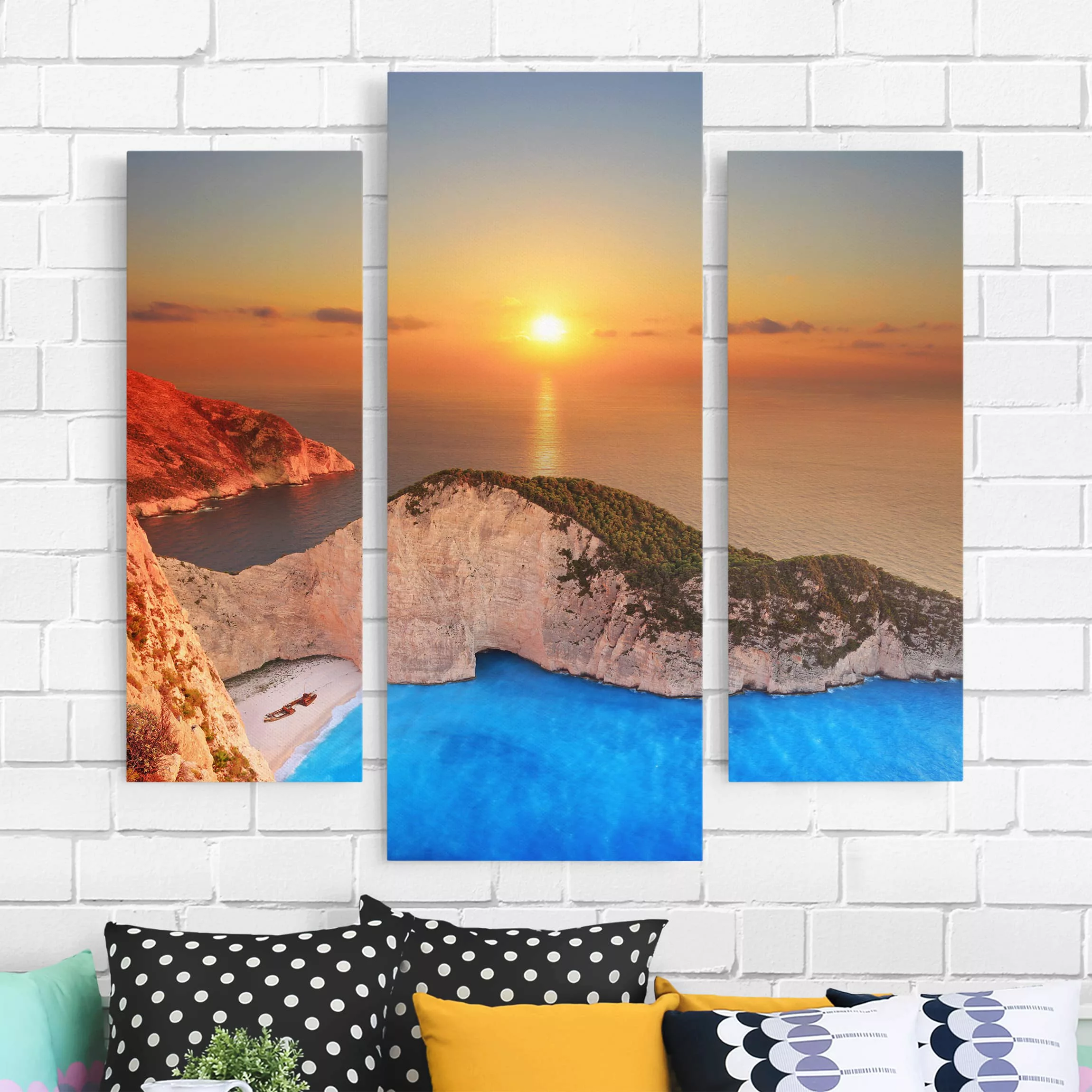 3-teiliges Leinwandbild Strand - Querformat Sonnenuntergang über Zakynathos günstig online kaufen