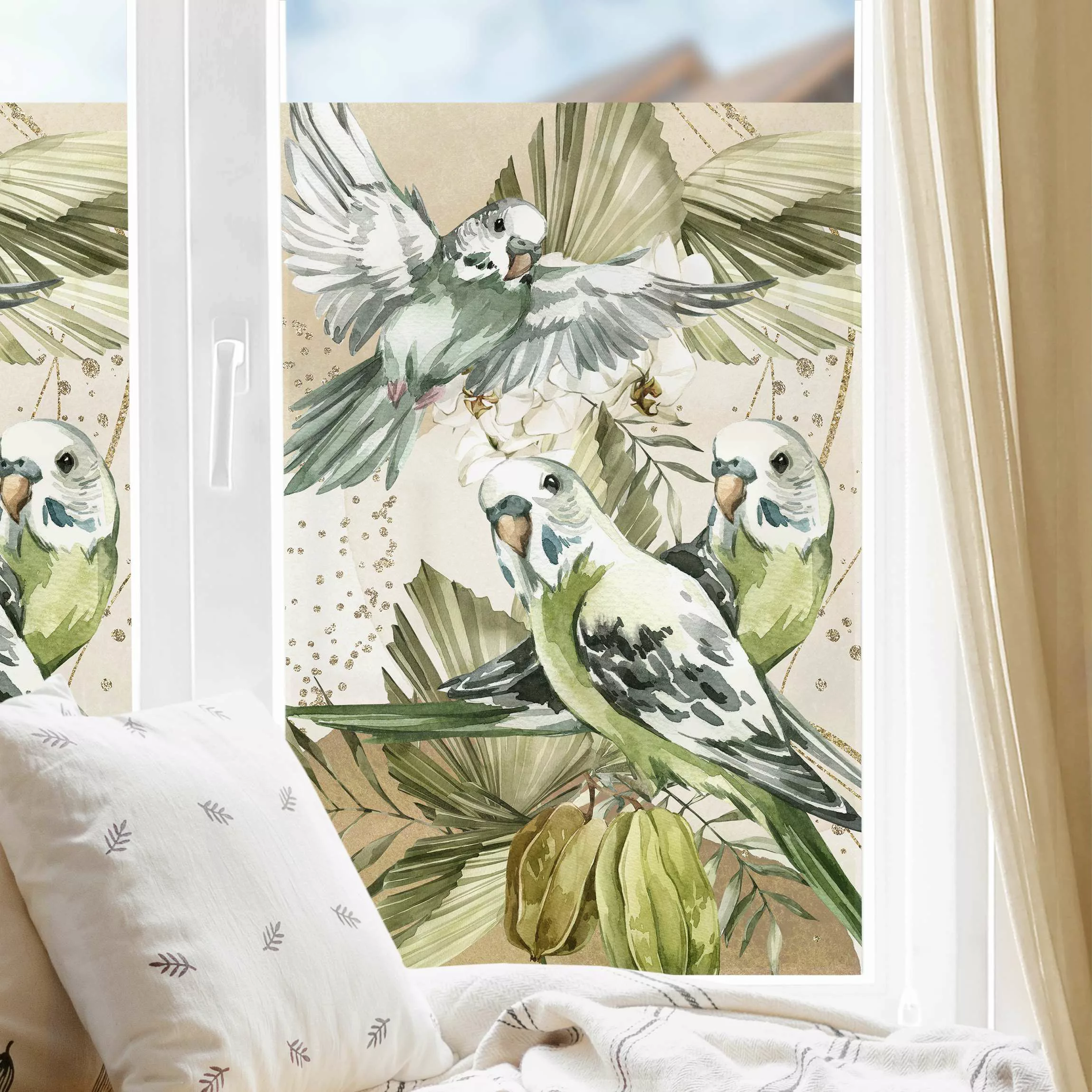 Fensterfolie Tropische Vögel - Grüne Wellensittiche günstig online kaufen
