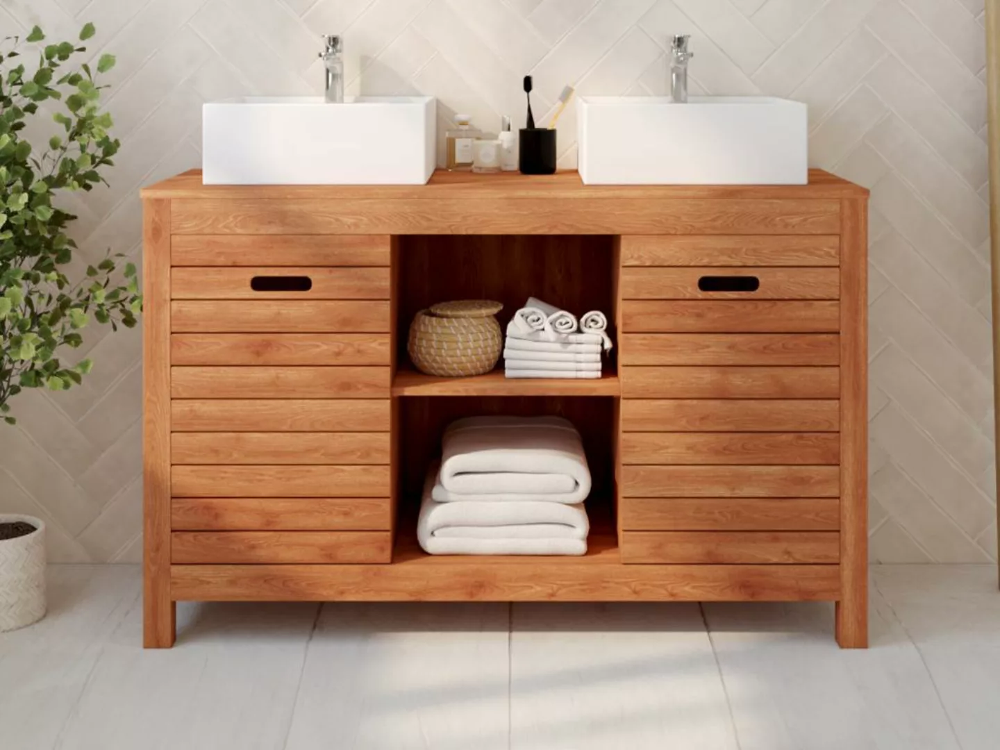 Waschbeckenunterschrank mit Einzelwaschbecken - Akazienholz - 130 cm - PULU günstig online kaufen