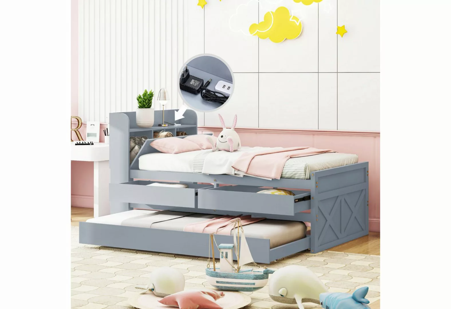 MODFU Stauraumbett Kinderbett mit ausziehbarer Schublade Lattenrost (Nachtt günstig online kaufen