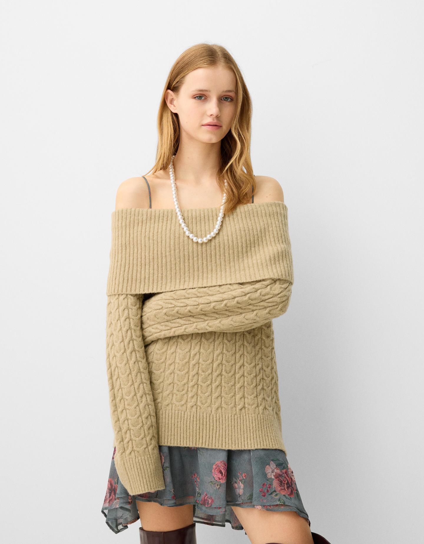 Bershka Oversize-Pullover Mit Carmen-Ausschnitt Und Flechtmuster Damen Xs G günstig online kaufen