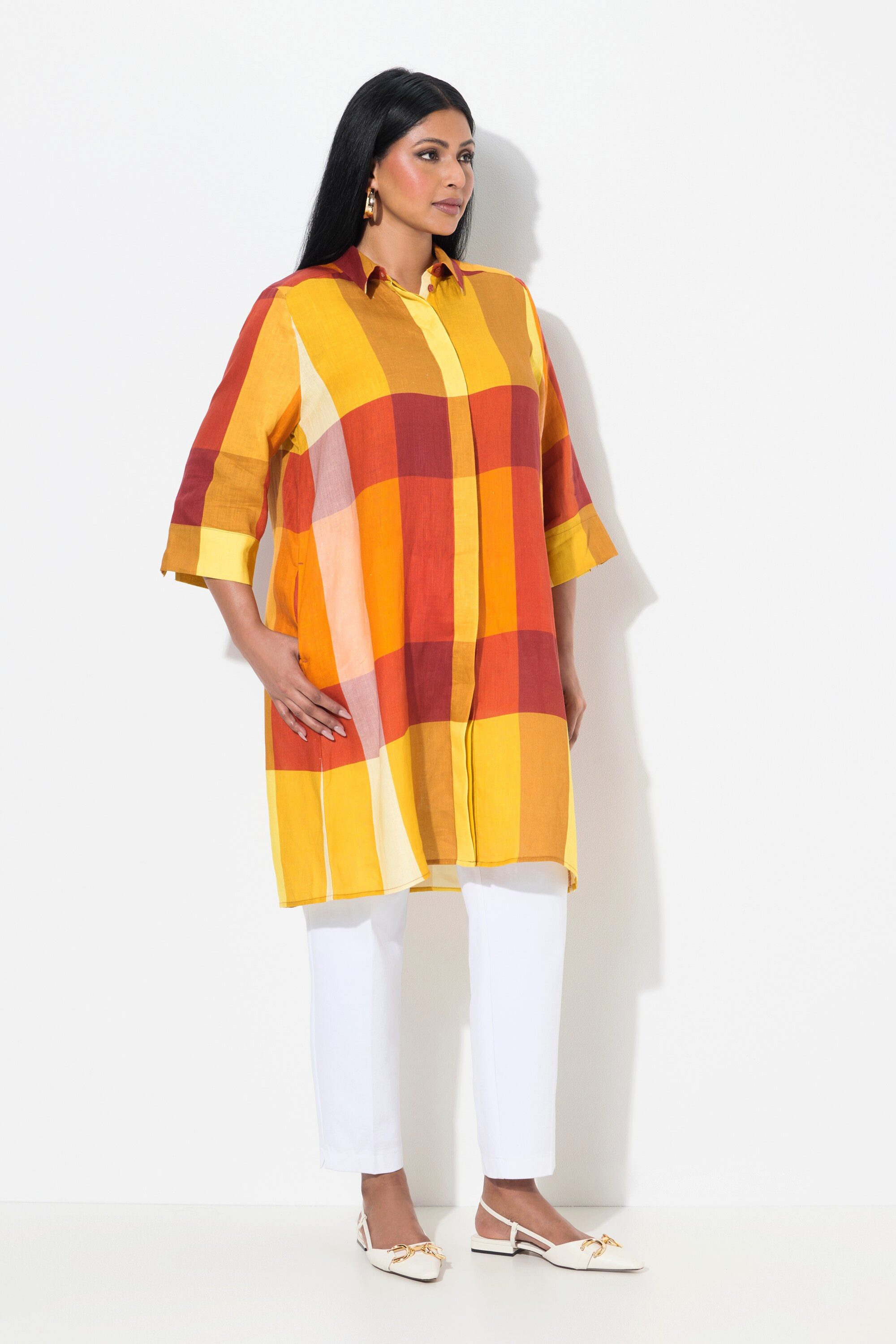 Ulla Popken Longbluse Leinen-Longbluse Hemdkragen Taschen günstig online kaufen