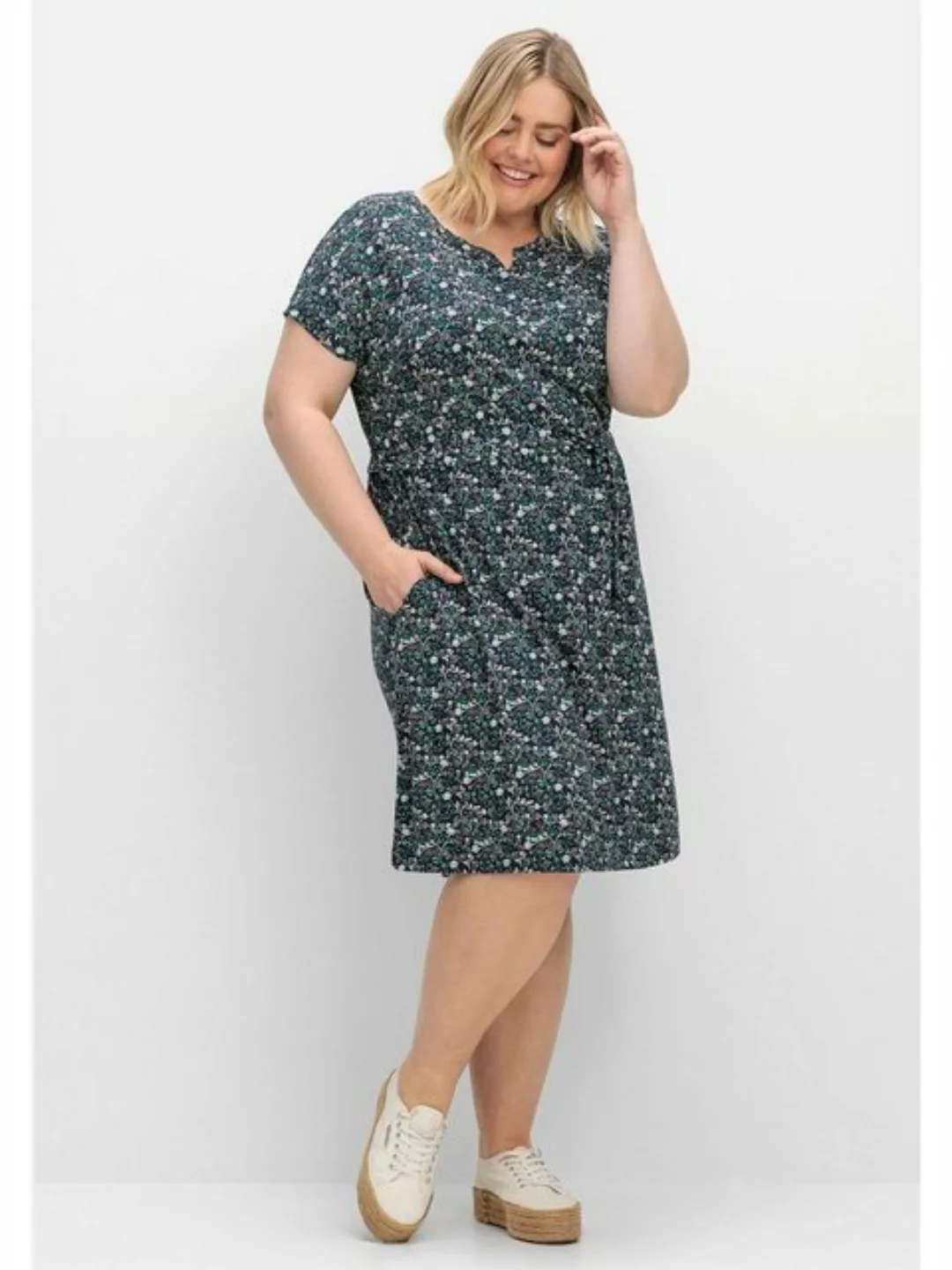 Sheego Jerseykleid Große Größen mit Blumenprint und Bindegürtel günstig online kaufen