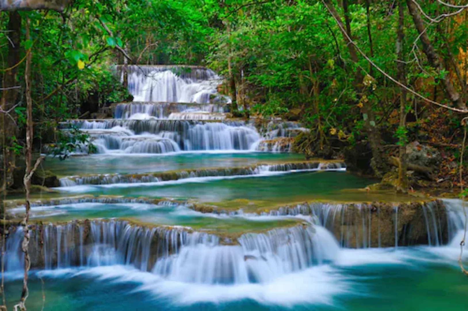 Papermoon Fototapete »WASSERFALL-BÄUME FLUSS SEE STEINE BLUMEN BERGE SONNE« günstig online kaufen