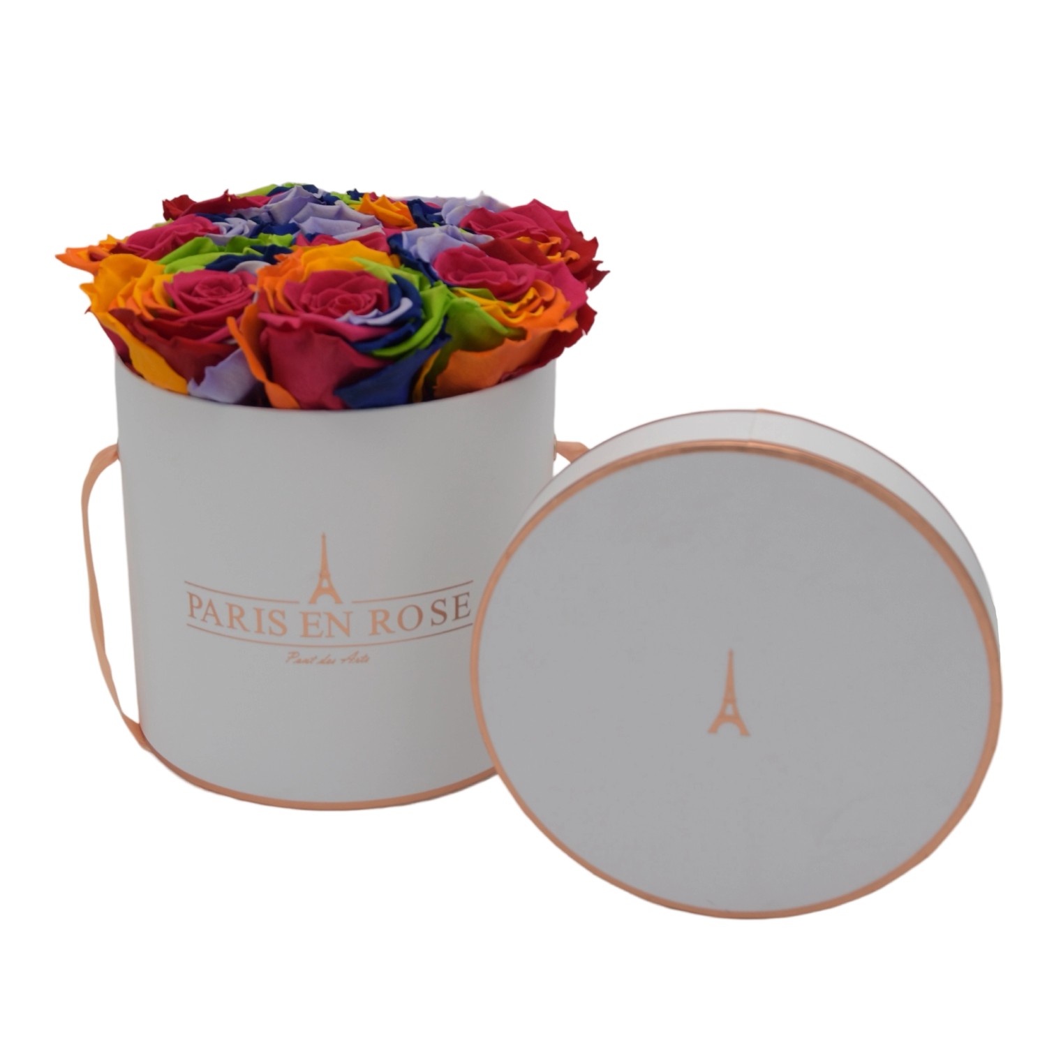 Rosenbox Ø 14,5 cm Weiß-Roségold mit 9 Rainbow Rosen günstig online kaufen