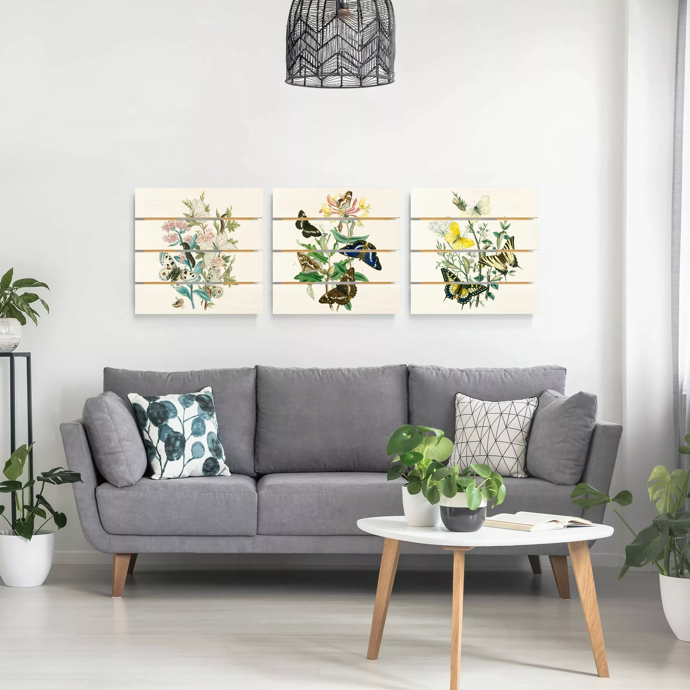 3-teiliges Holzbild Plankenoptik Blumen - Quadrat Britische Schmetterlinge günstig online kaufen