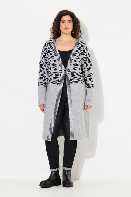 Ulla Popken Strickjacke Long-Strickjacke Leomuster V-Ausschnitt Langarm günstig online kaufen