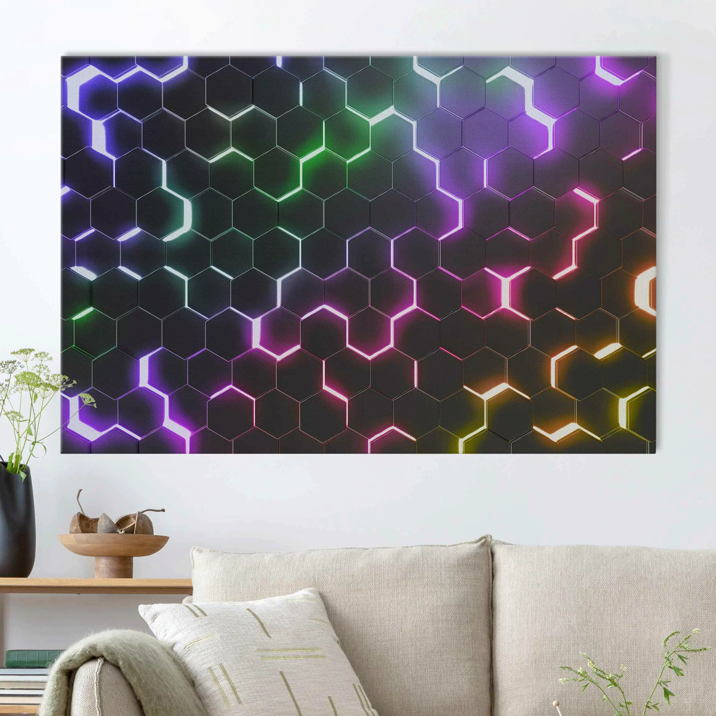 Akustikbild Strukturierte Hexagone mit Neonlicht günstig online kaufen