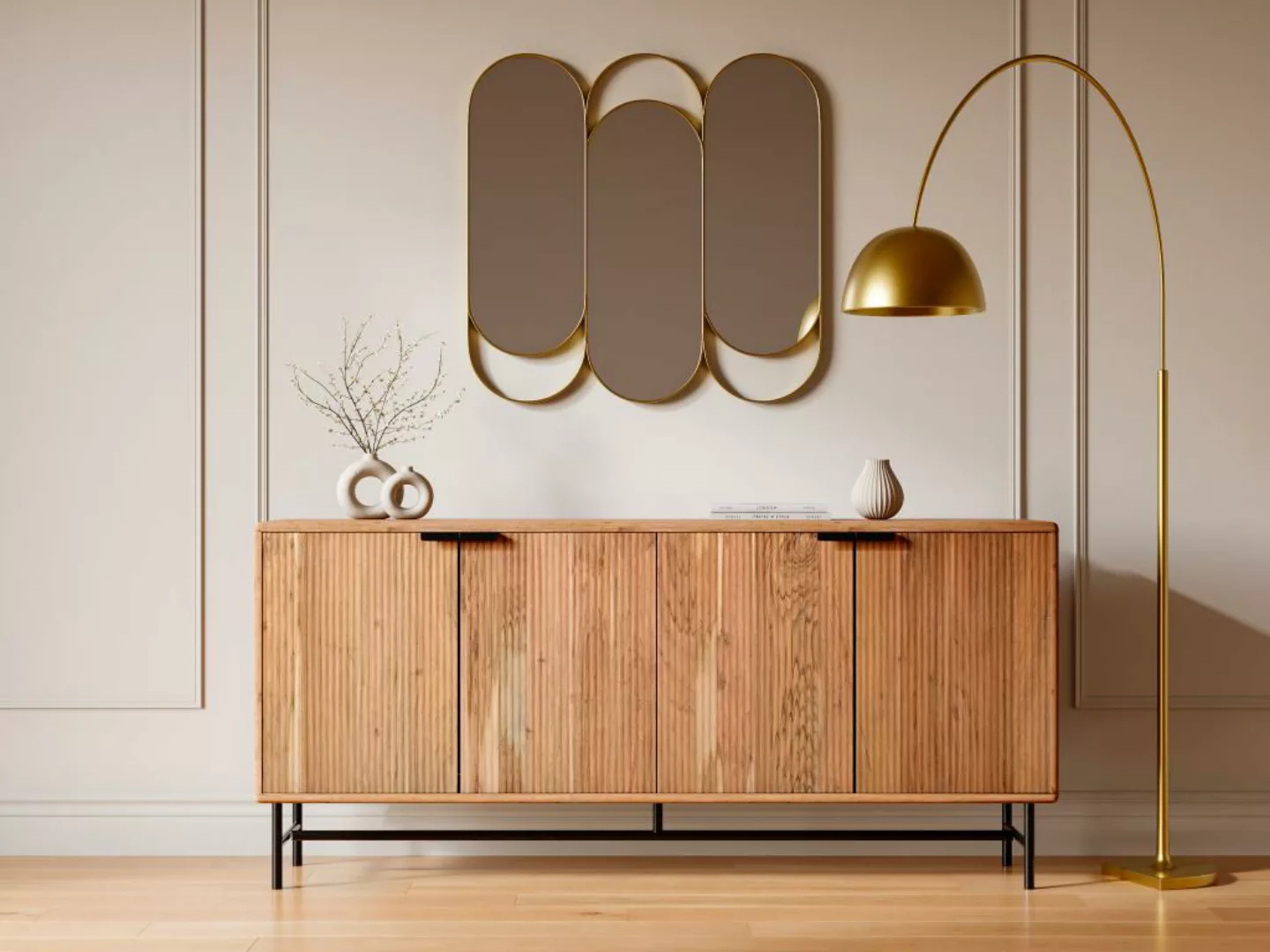 Sideboard mit 4 Türen - Akazienholz & schwarzes Metall - Holzfarben hell - günstig online kaufen