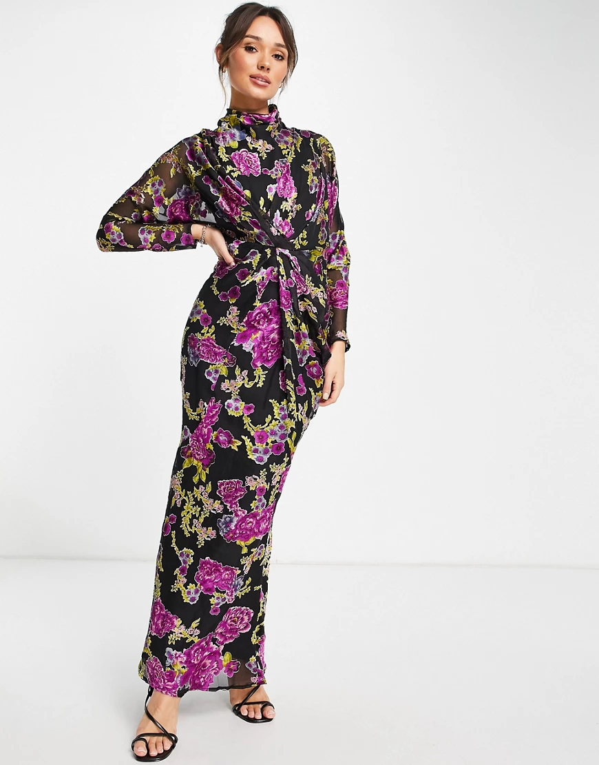 ASOS DESIGN – Maxikleid aus Ausbrennersamt mit Blumenprint, Fledermausärmel günstig online kaufen