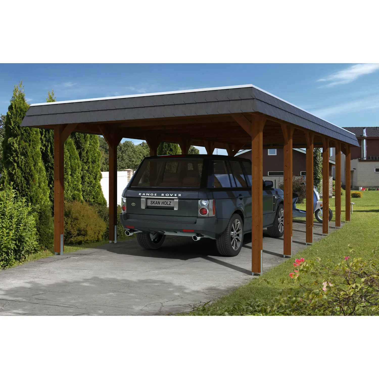 Skan Holz Carport Spreewald 396 cm x 893 cm schwarze Blende Nussbaum günstig online kaufen