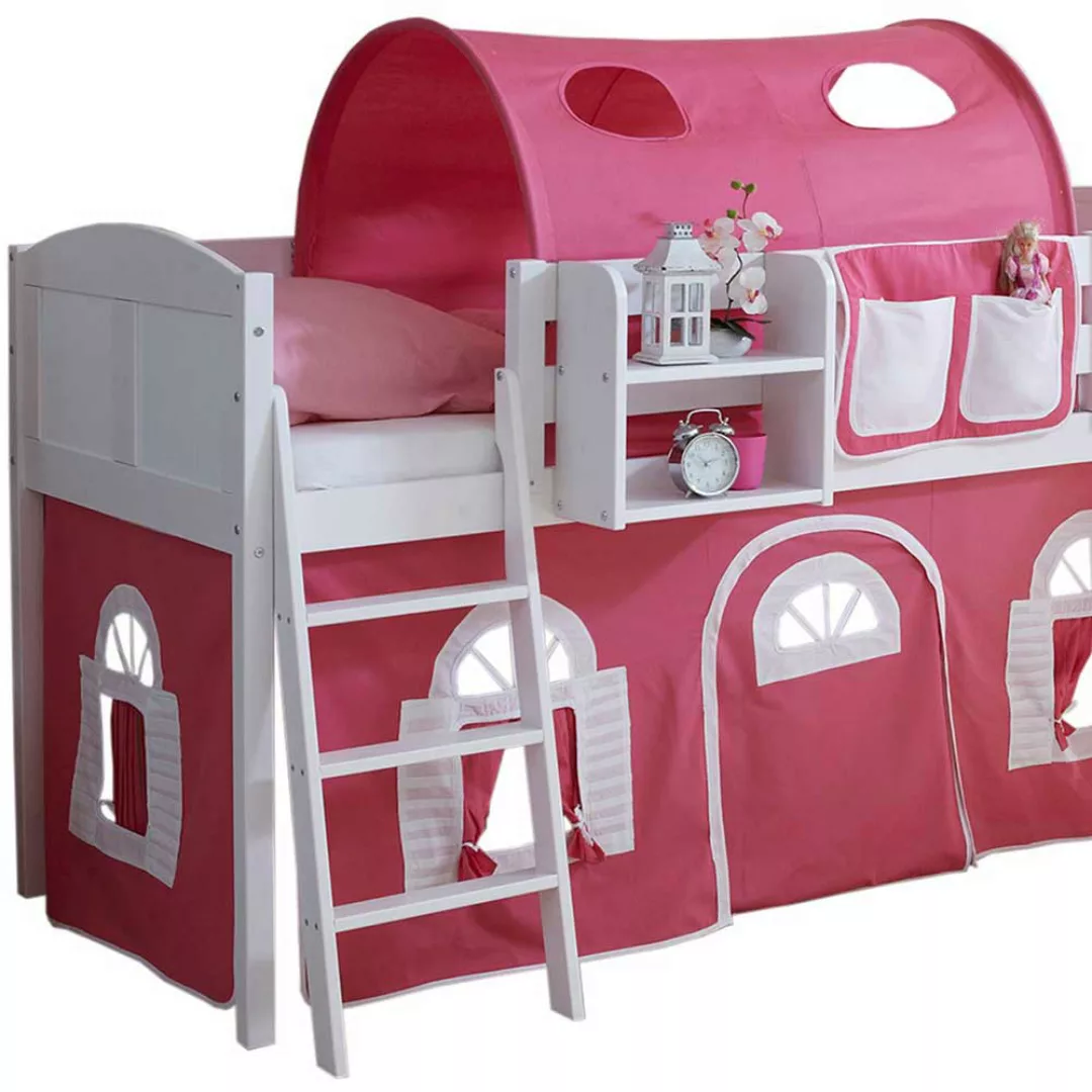 Kinderhochbett mit Turm, Tunnel und Vorhang Weiß und Pink günstig online kaufen