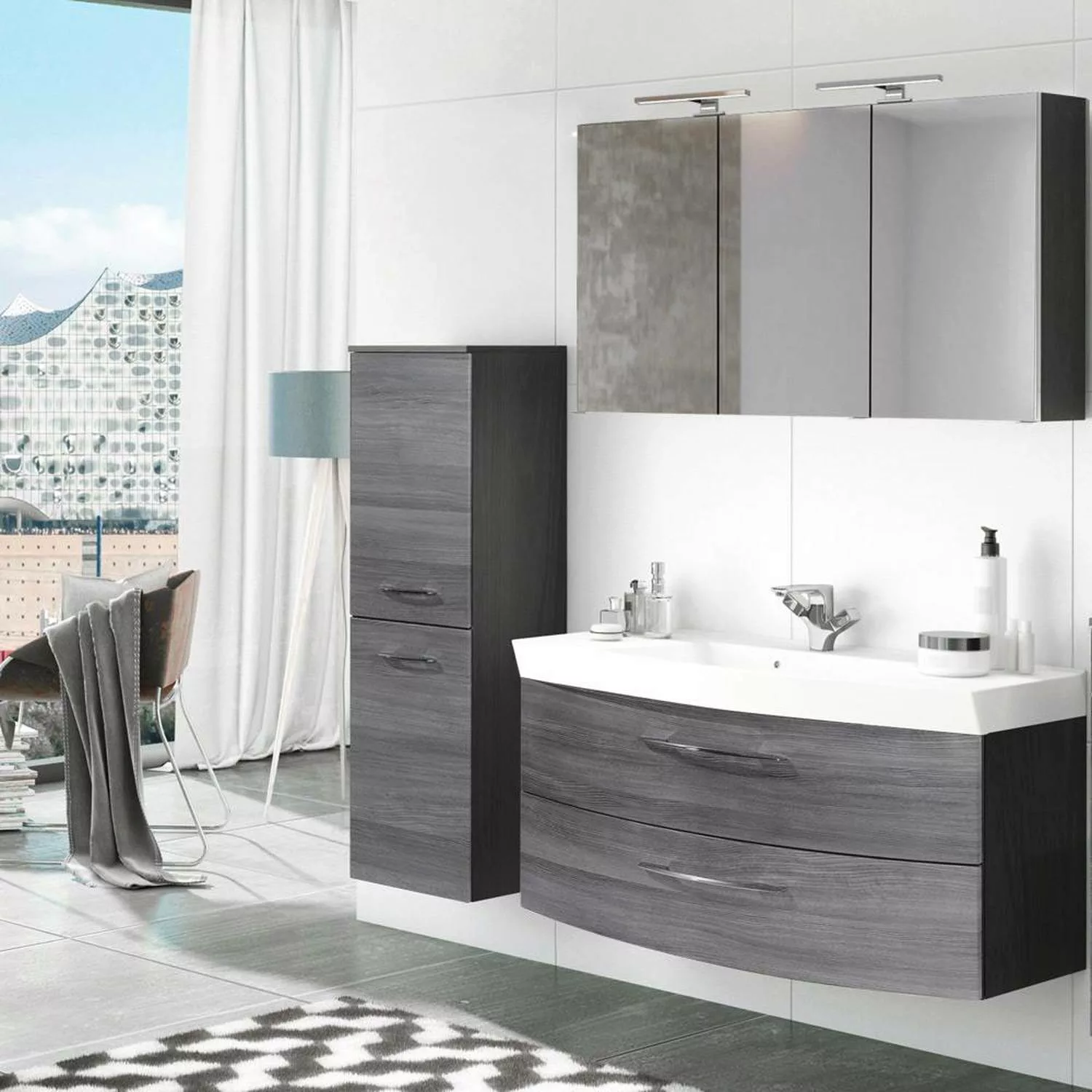 Badmöbel Waschplatz Set mit 120cm Waschtisch & Spiegelschrank FLORIDO-03 Ei günstig online kaufen