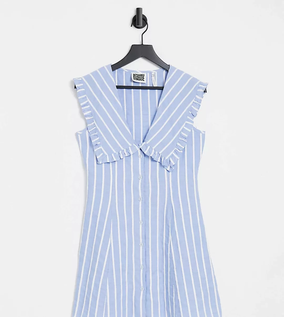 Reclaimed Vintage Inspired – Kleid in Blau gestreift mit Bubikragen-Weiß günstig online kaufen