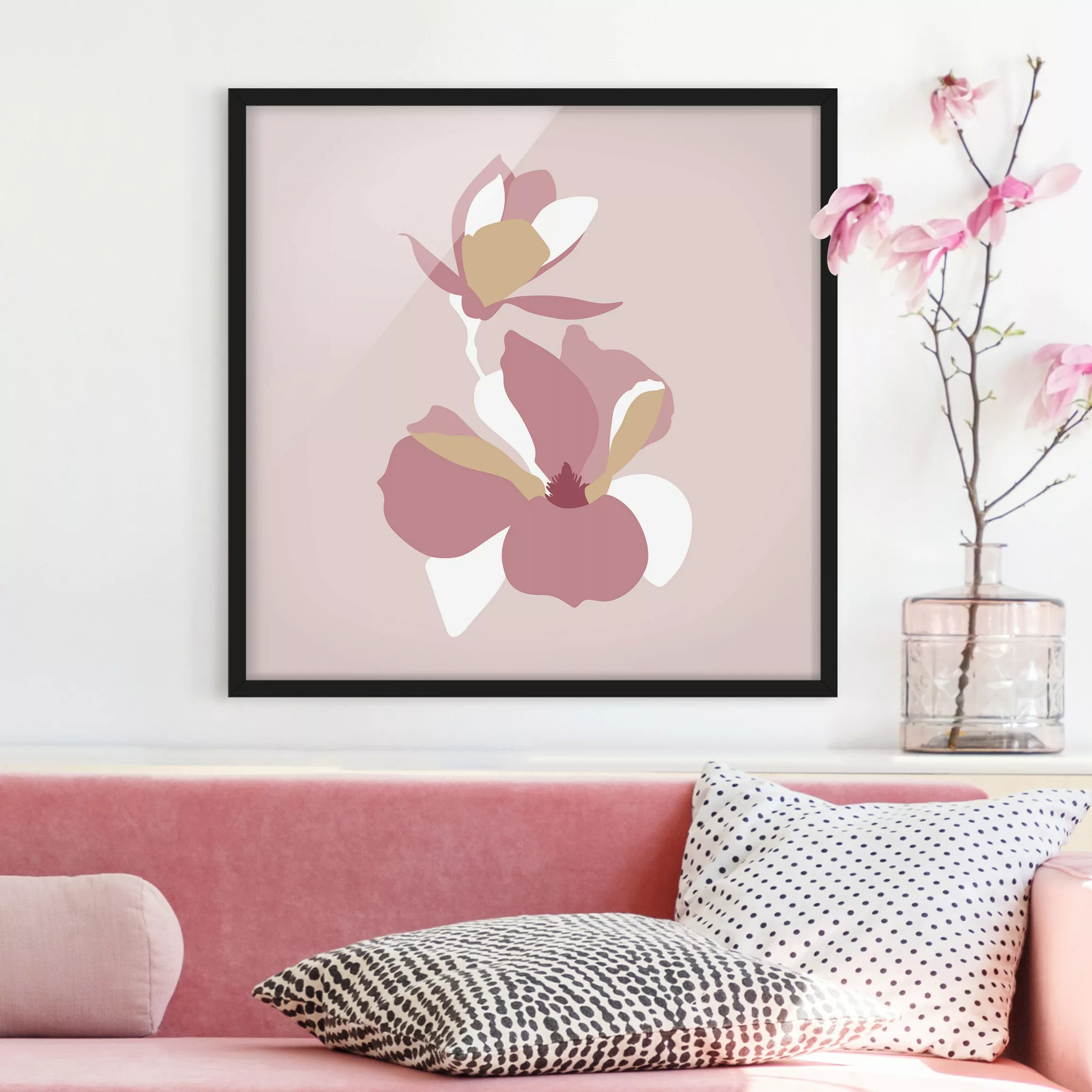 Bild mit Rahmen - Quadrat Line Art Blüten Pastell Rosa günstig online kaufen