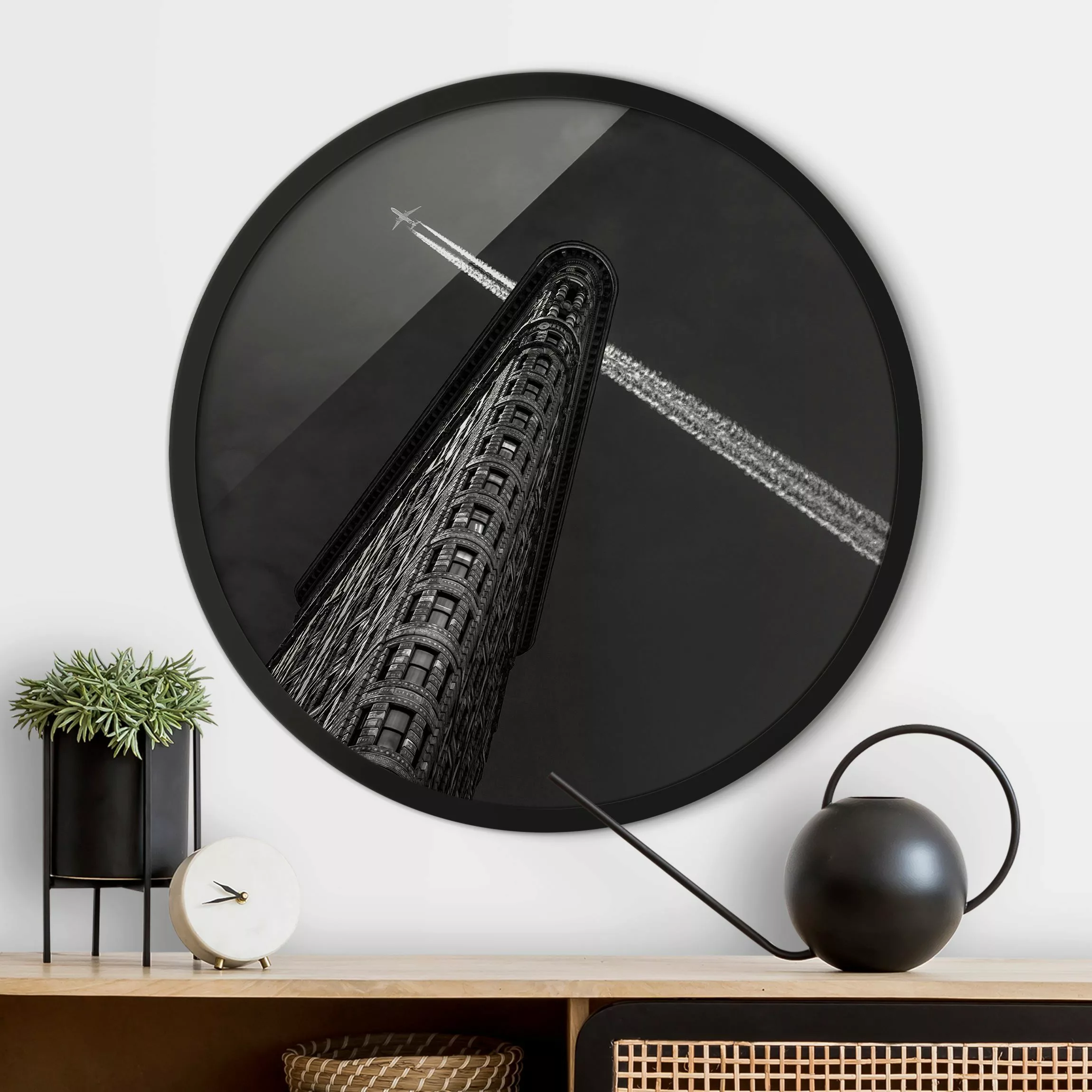 Rundes Gerahmtes Bild New York Flat Iron mit Flugzeug günstig online kaufen