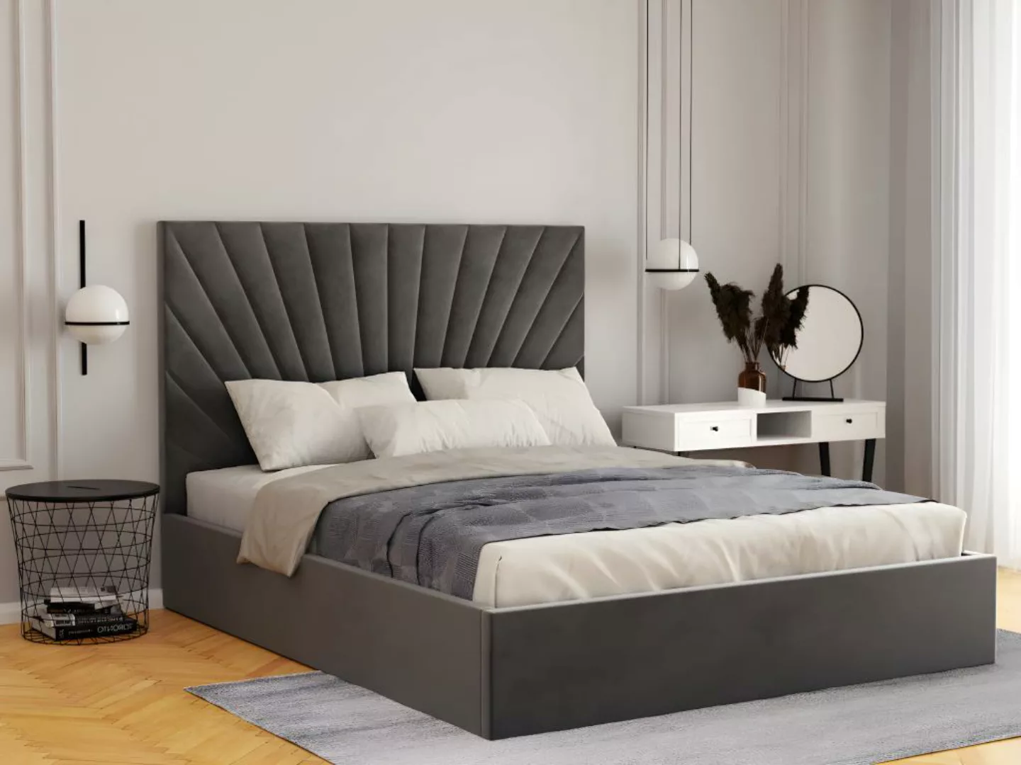 Polsterbett mit Bettkasten - 140 x 190 cm - Samt- Grau + Matratze - RILIODA günstig online kaufen