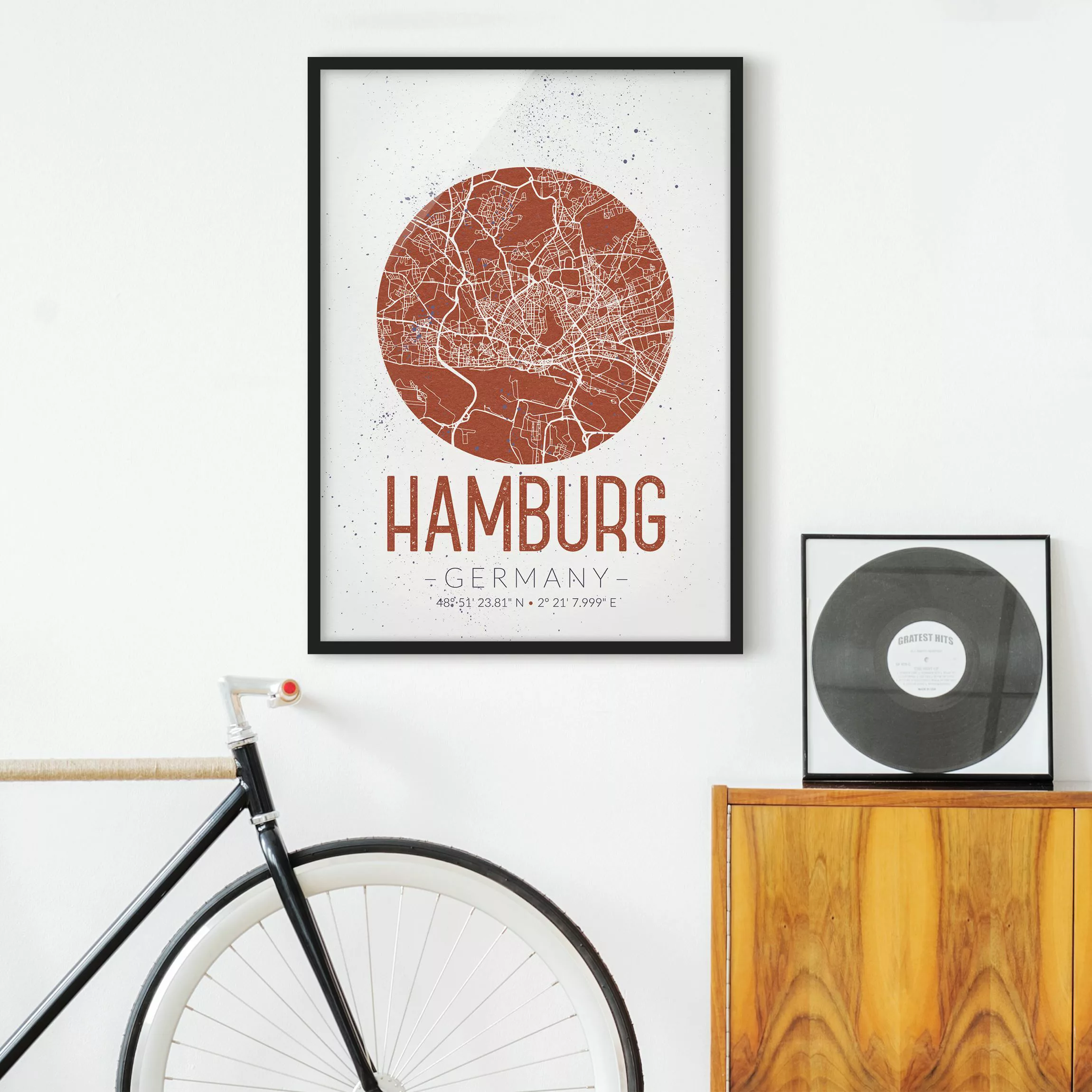 Bild mit Rahmen Stadtplan - Hochformat Stadtplan Hamburg - Retro günstig online kaufen